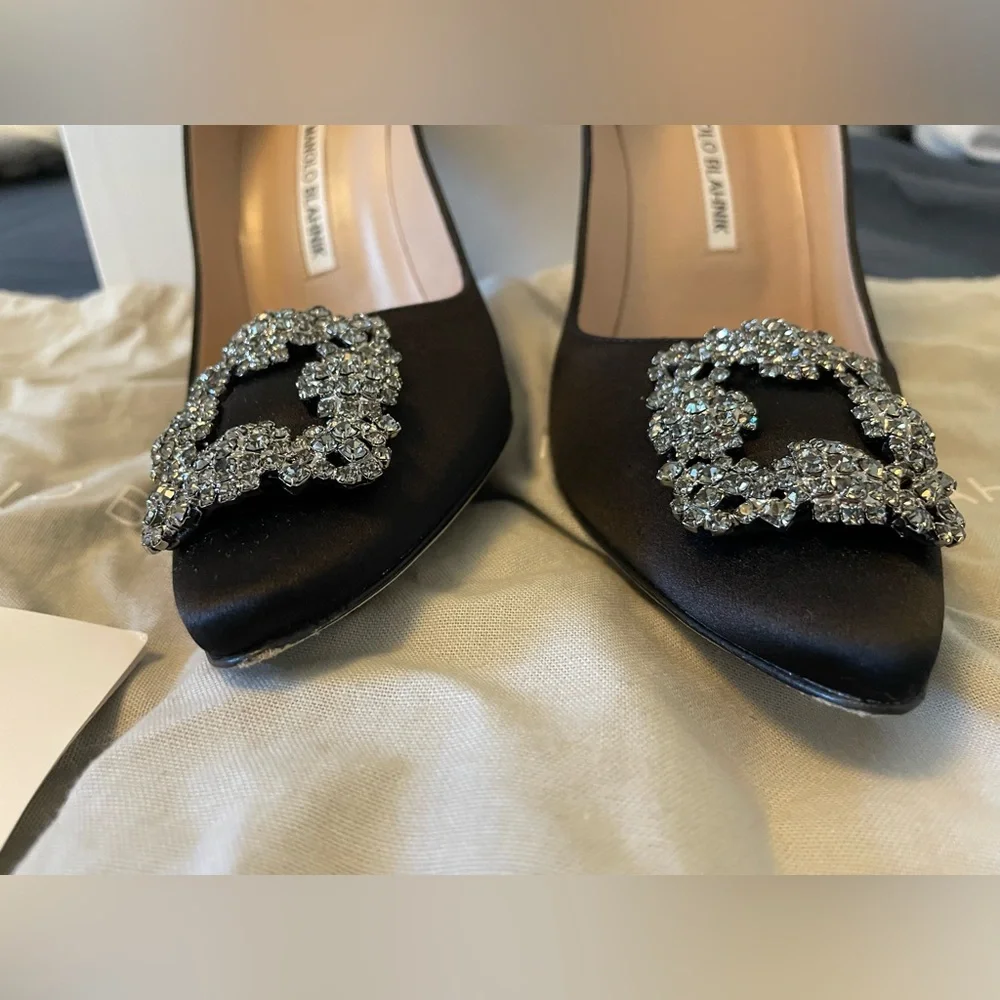 Manolo Blahnik Hangisi Black Satin Crystal Embellished Pointed Heels Pumps - Picture 8 of 8